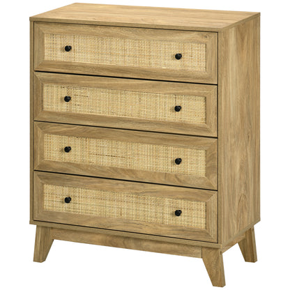 4-Drawer Narrow Dresser with Rattan Fronts and Elevated Legs Bedroom Dresser Drawers for Living Room Office 80x35x95 cm Natural