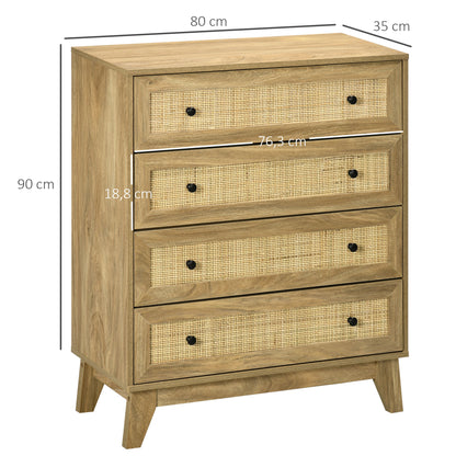 4-Drawer Narrow Dresser with Rattan Fronts and Elevated Legs Bedroom Dresser Drawers for Living Room Office 80x35x95 cm Natural