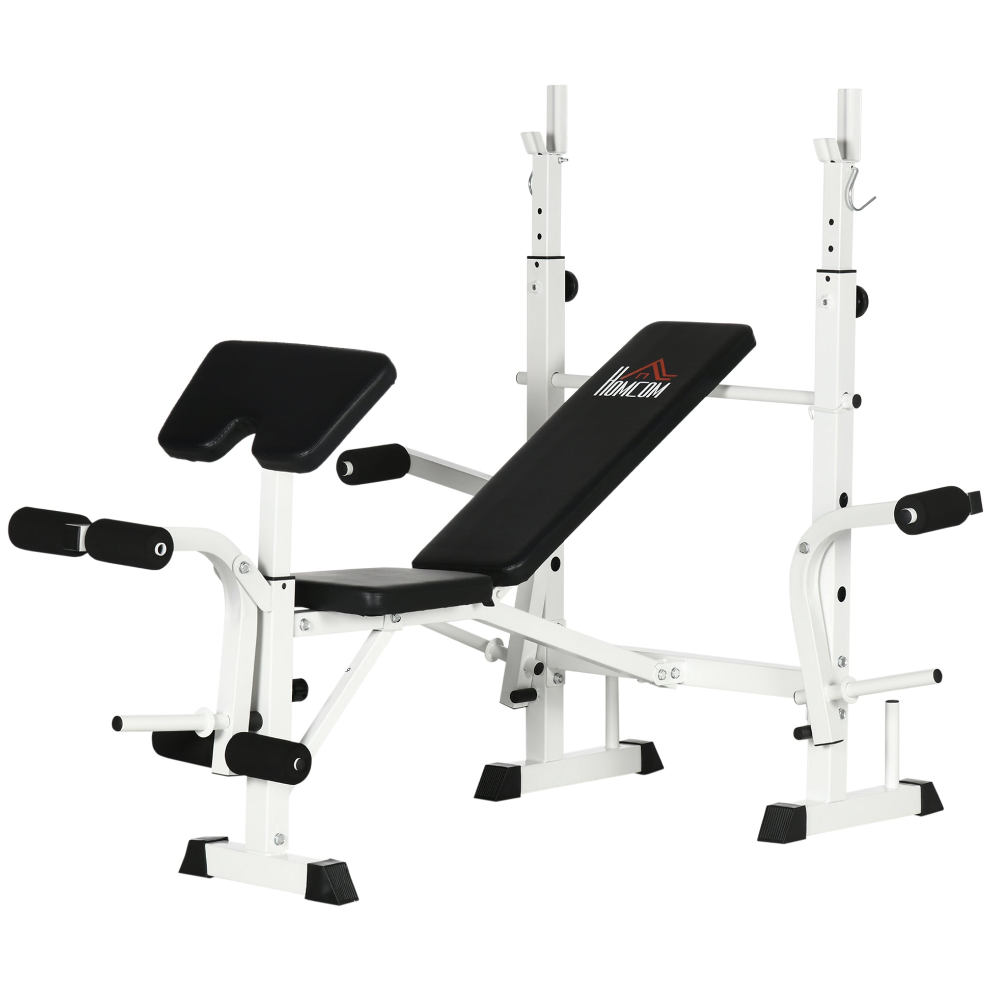 Adjustable Weight Bench, Multifunctional Training Bench with Barbell Rack, Chest Press, Leg Press, Armrest for Weight Training, Steel, Black+White