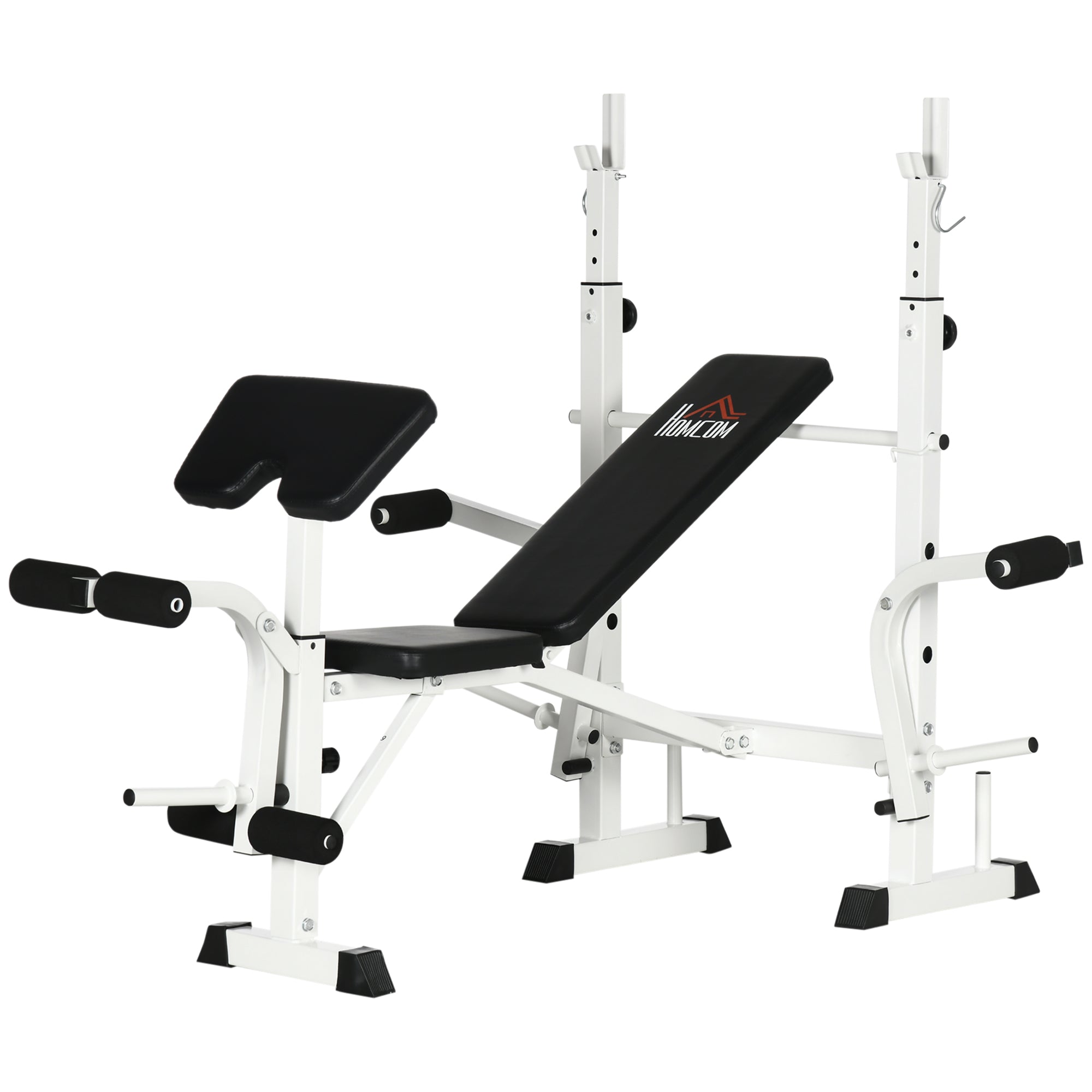 Adjustable Weight Bench, Multifunctional Training Bench with Barbell Rack, Chest Press, Leg Press, Armrest for Weight Training, Steel, Black+White