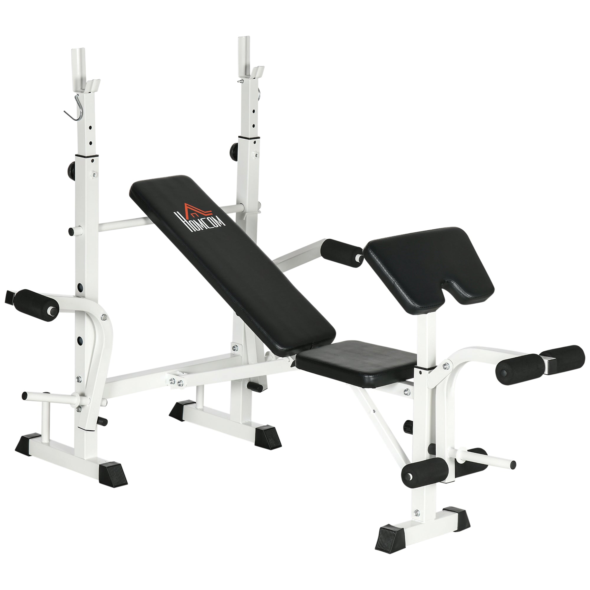 Adjustable Weight Bench, Multifunctional Training Bench with Barbell Rack, Chest Press, Leg Press, Armrest for Weight Training, Steel, Black+White