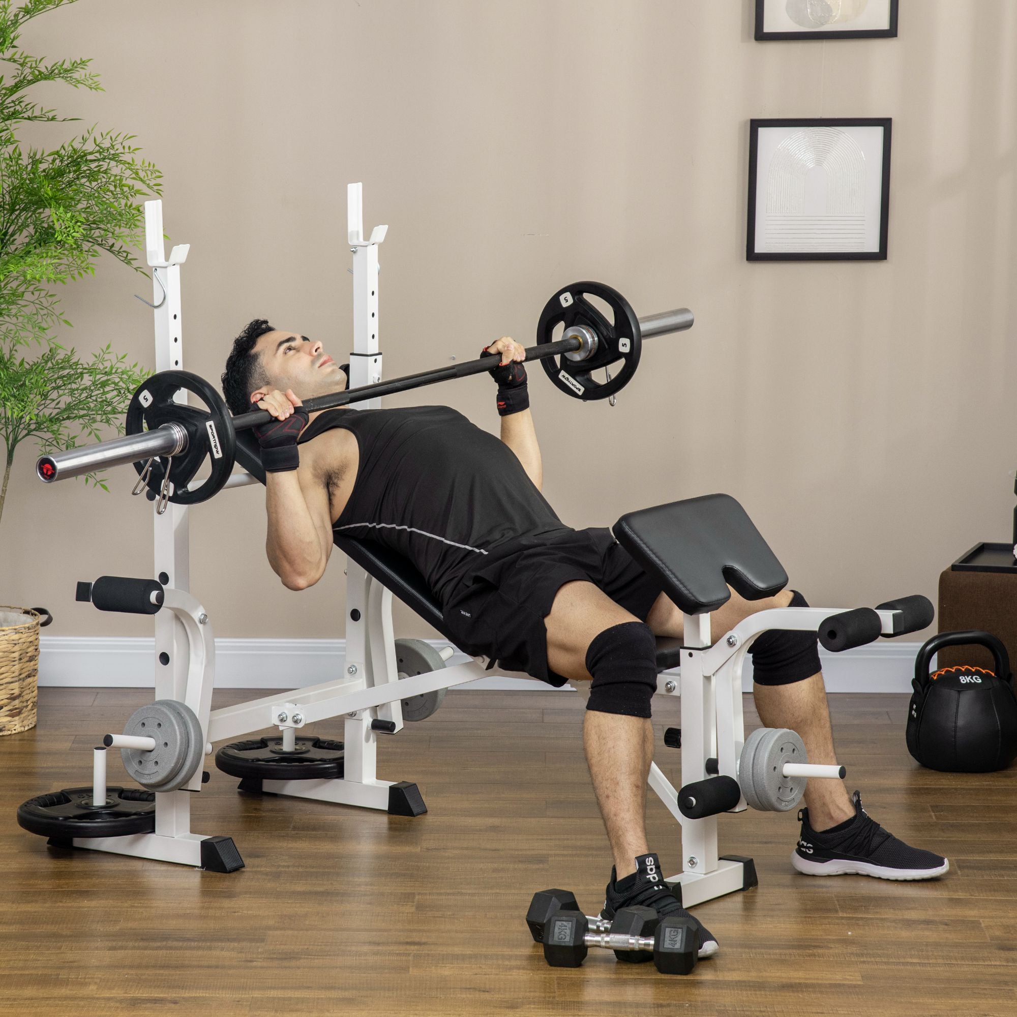 Adjustable Weight Bench, Multifunctional Training Bench with Barbell Rack, Chest Press, Leg Press, Armrest for Weight Training, Steel, Black+White
