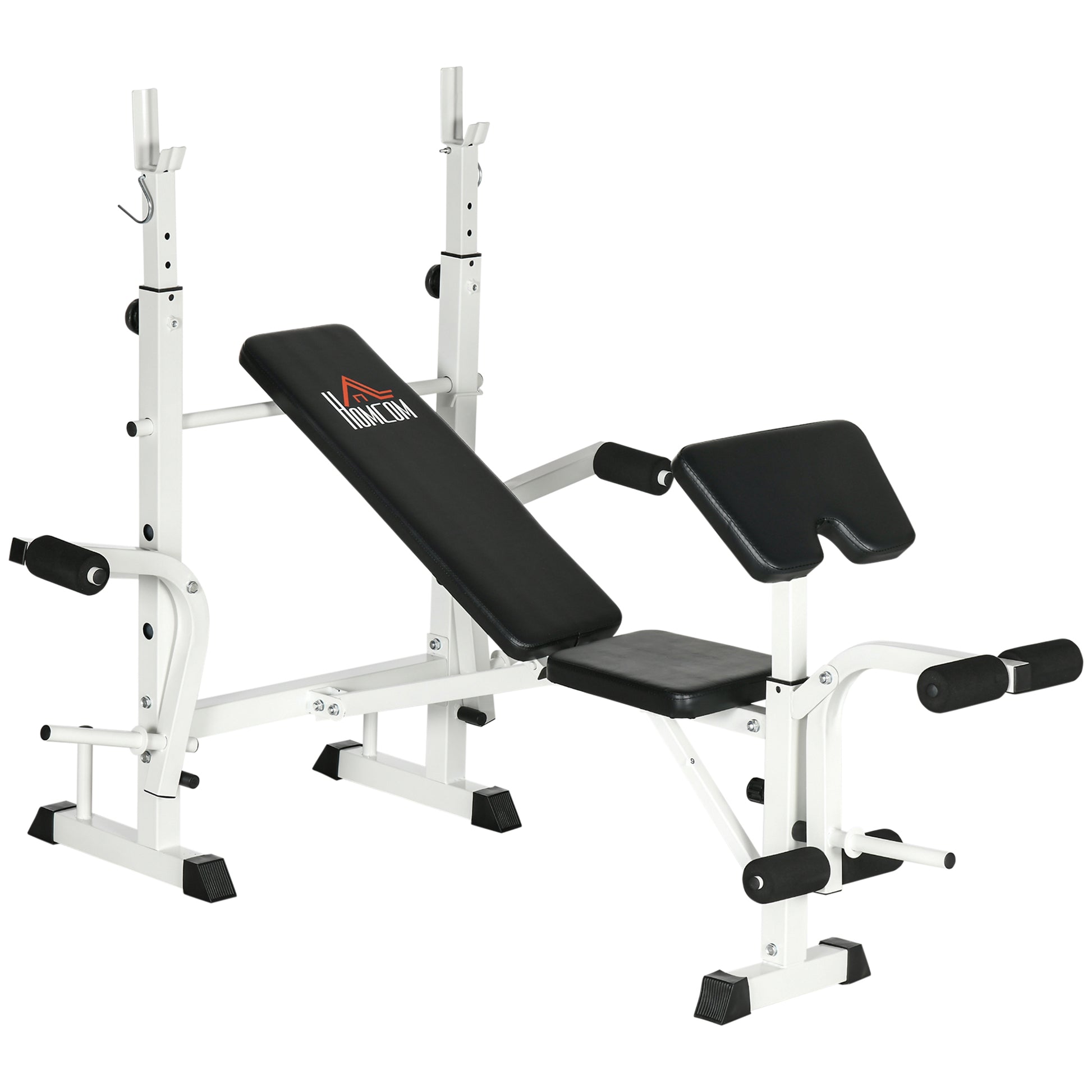 Adjustable Weight Bench, Multifunctional Training Bench with Barbell Rack, Chest Press, Leg Press, Armrest for Weight Training, Steel, Black+White