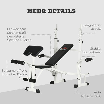 Adjustable Weight Bench, Multifunctional Training Bench with Barbell Rack, Chest Press, Leg Press, Armrest for Weight Training, Steel, Black+White