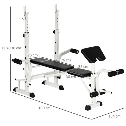 Adjustable Weight Bench, Multifunctional Training Bench with Barbell Rack, Chest Press, Leg Press, Armrest for Weight Training, Steel, Black+White