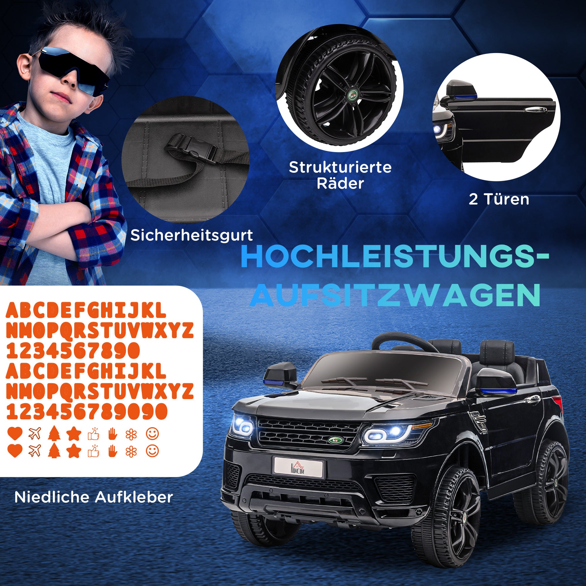Kids Electric Car 12V Children's Vehicle with 2.4 GHz Remote Control, 2 Motors, Kids Car with Soft Start, Horn, Headlights, Electric Vehicle 5 km/h, for 3-5 Years Old Kids, Black