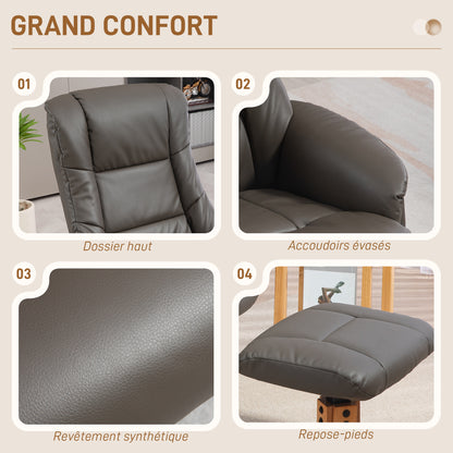 Relax Armchair with Footrest, Lounge Relax Armchair, Rocking Backrest, Reclining Armchair, Padded Seat, Synthetic Covering, Solid Wood Frame, Contemporary Design, Gray