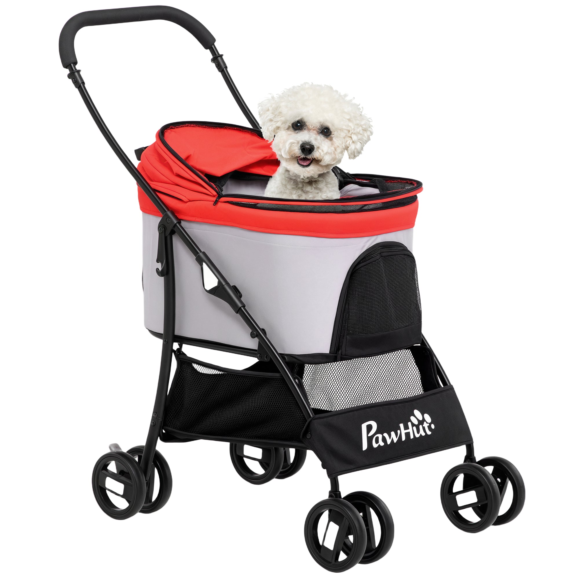 Folding 3-in-1 Pet Stroller for Small Dogs with Detachable Wagon, Storage Basket, Safety Straps, and Cushion Load 15 kg Red