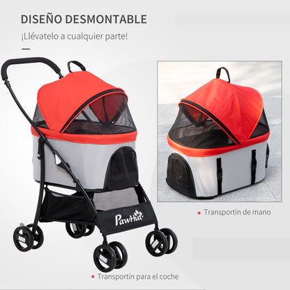Folding 3-in-1 Pet Stroller for Small Dogs with Detachable Wagon, Storage Basket, Safety Straps, and Cushion Load 15 kg Red