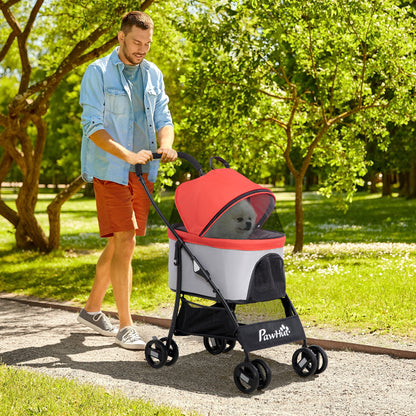 Folding 3-in-1 Pet Stroller for Small Dogs with Detachable Wagon, Storage Basket, Safety Straps, and Cushion Load 15 kg Red