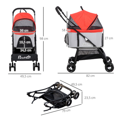 Folding 3-in-1 Pet Stroller for Small Dogs with Detachable Wagon, Storage Basket, Safety Straps, and Cushion Load 15 kg Red