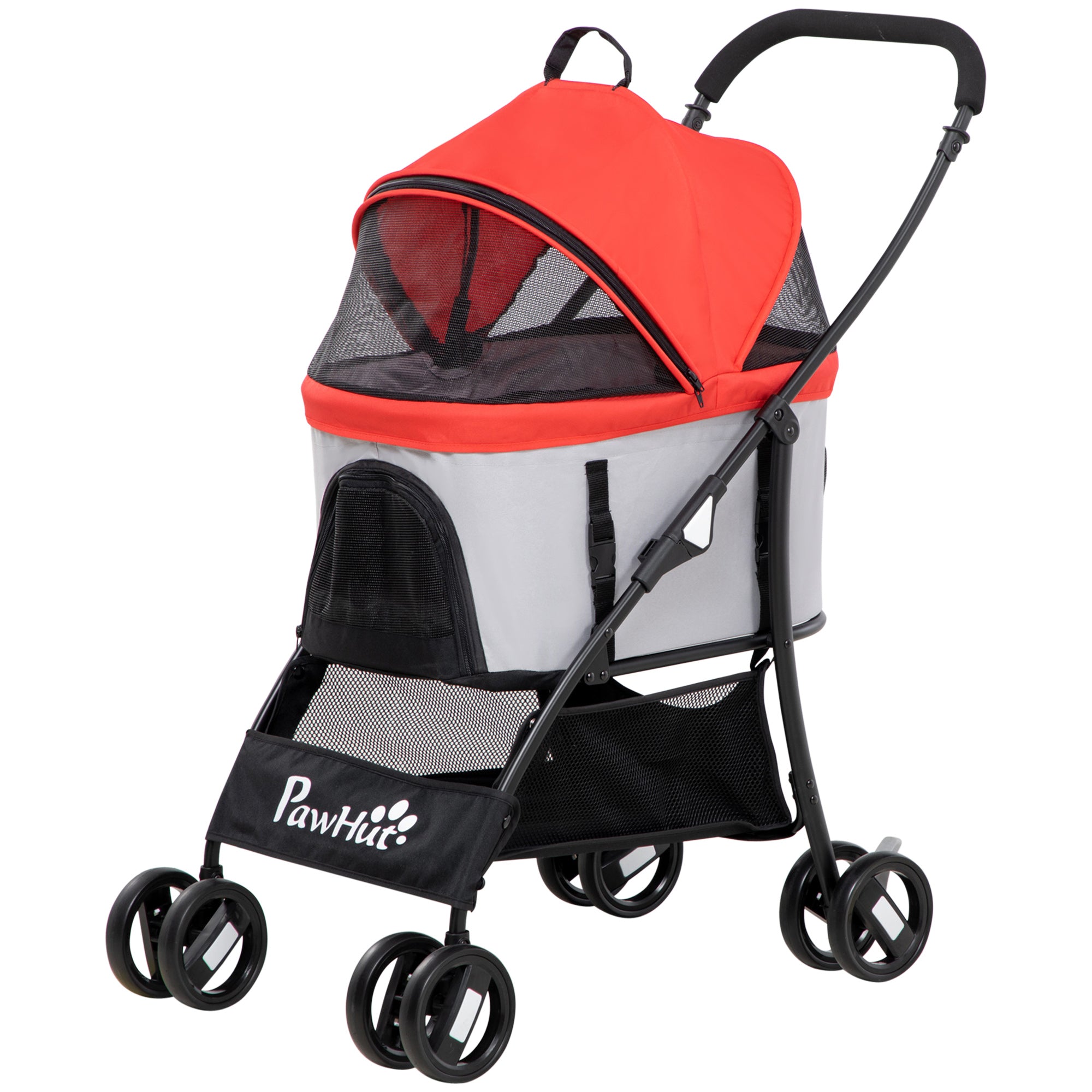 Folding 3-in-1 Pet Stroller for Small Dogs with Detachable Wagon, Storage Basket, Safety Straps, and Cushion Load 15 kg Red