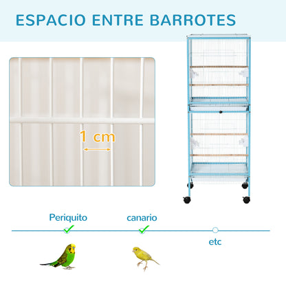 Bird Cage with Wheels Large 2-Level Aviary with Removable Trays Doors Feeders Perches for Canaries Budgies 51.5x50x140 cm Blue