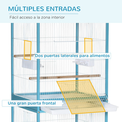 Bird Cage with Wheels Large 2-Level Aviary with Removable Trays Doors Feeders Perches for Canaries Budgies 51.5x50x140 cm Blue