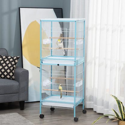Bird Cage with Wheels Large 2-Level Aviary with Removable Trays Doors Feeders Perches for Canaries Budgies 51.5x50x140 cm Blue