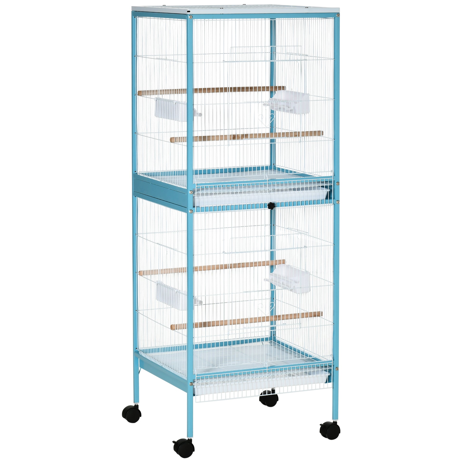 Bird Cage with Wheels Large 2-Level Aviary with Removable Trays Doors Feeders Perches for Canaries Budgies 51.5x50x140 cm Blue