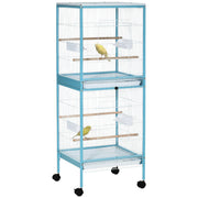 Bird Cage with Wheels Large 2-Level Aviary with Removable Trays Doors Feeders Perches for Canaries Budgies 51.5x50x140 cm Blue