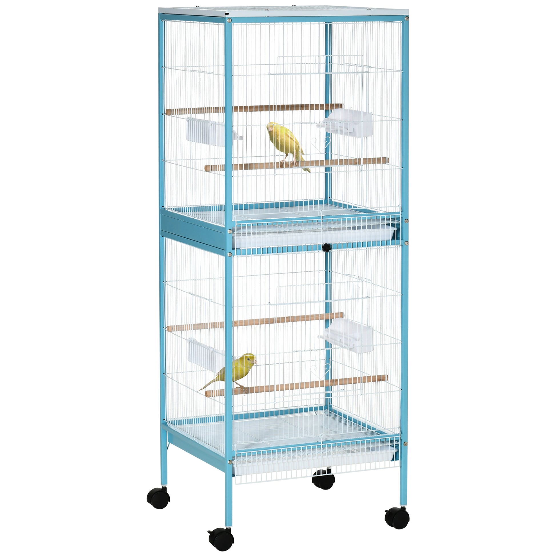 Bird Cage with Wheels Large 2-Level Aviary with Removable Trays Doors Feeders Perches for Canaries Budgies 51.5x50x140 cm Blue