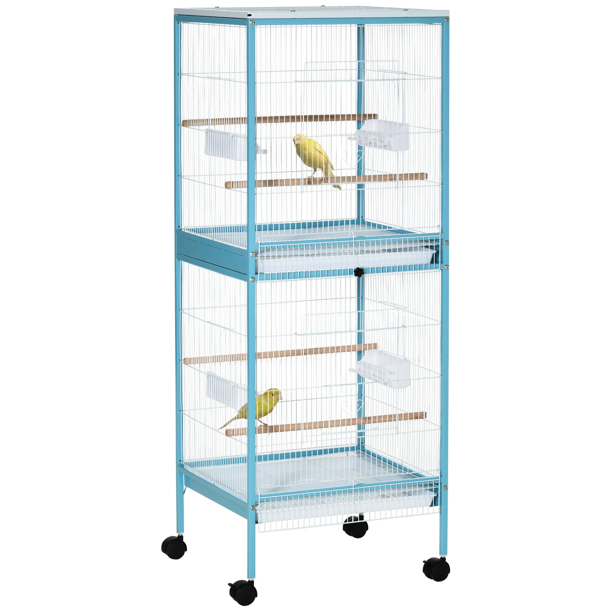 Bird Cage with Wheels Large 2-Level Aviary with Removable Trays Doors Feeders Perches for Canaries Budgies 51.5x50x140 cm Blue