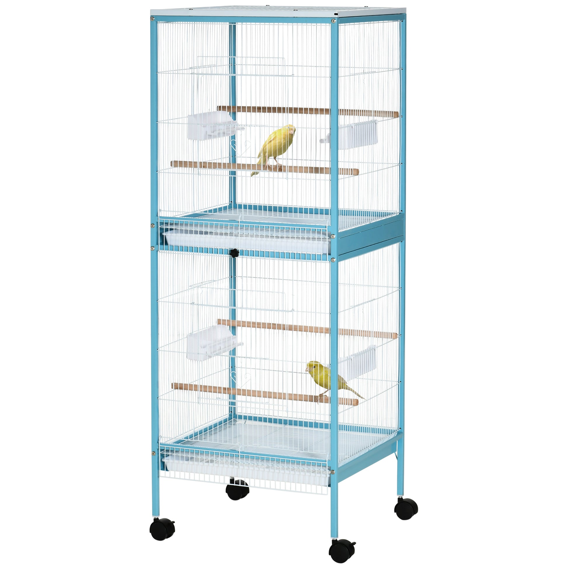 Bird Cage with Wheels Large 2-Level Aviary with Removable Trays Doors Feeders Perches for Canaries Budgies 51.5x50x140 cm Blue