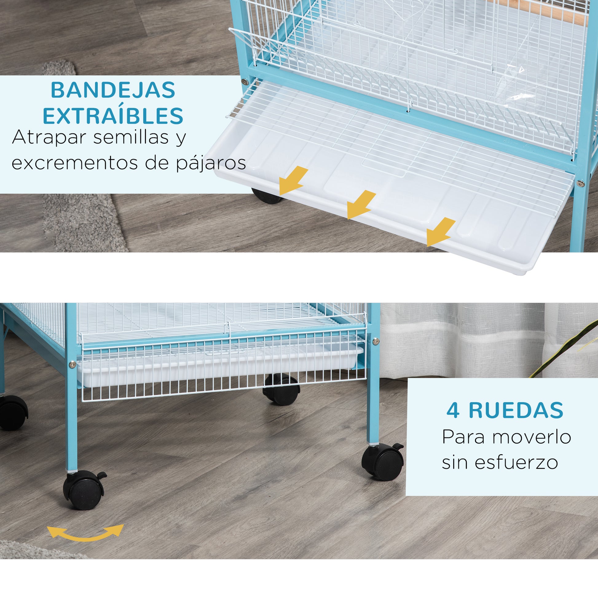 Bird Cage with Wheels Large 2-Level Aviary with Removable Trays Doors Feeders Perches for Canaries Budgies 51.5x50x140 cm Blue
