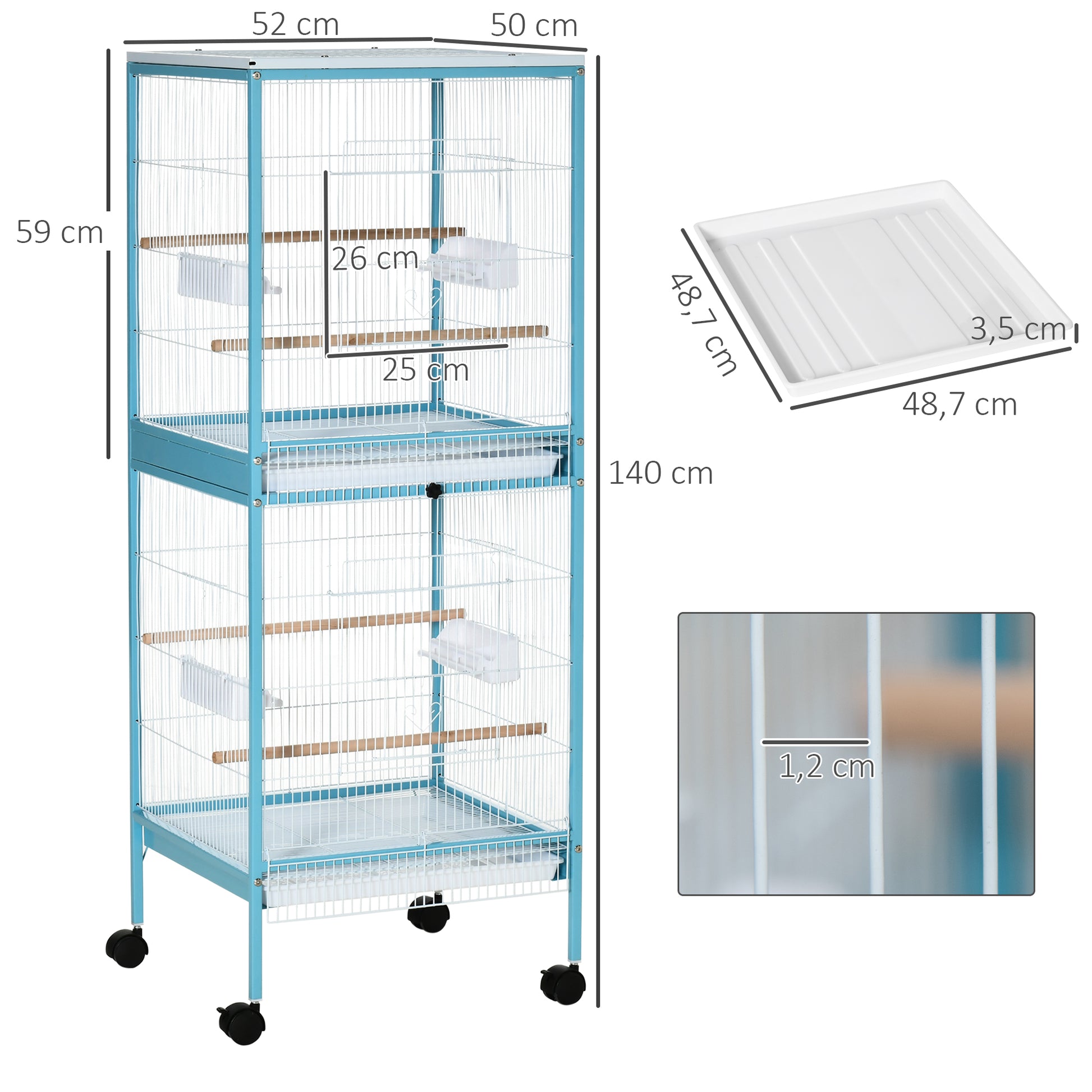 Bird Cage with Wheels Large 2-Level Aviary with Removable Trays Doors Feeders Perches for Canaries Budgies 51.5x50x140 cm Blue