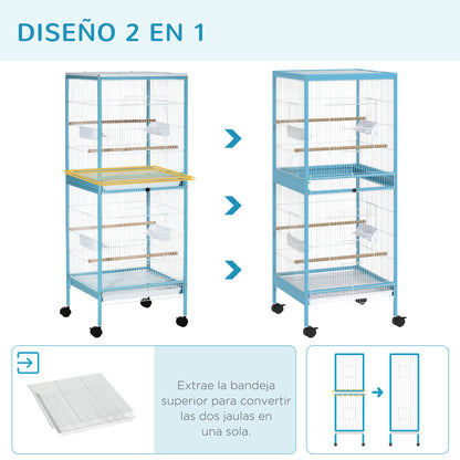 Bird Cage with Wheels Large 2-Level Aviary with Removable Trays Doors Feeders Perches for Canaries Budgies 51.5x50x140 cm Blue