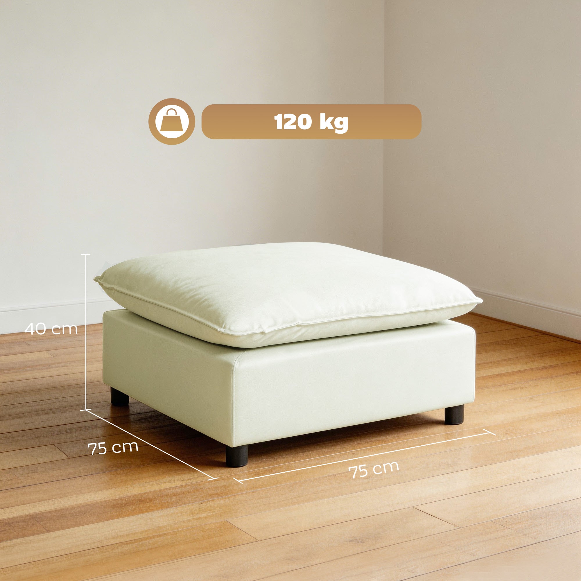 Modular Footstool with Soft Cushion — Square Linen-Effect Ottoman Pouf for Bedroom & Living Room, Cream White