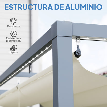 Aluminum Pergola with LED Lights 13x10 ft Garden Gazebo with Solar Retractable Waterproof Anti-UV Roof Pavilion for Patio Terrace Cream and Gray