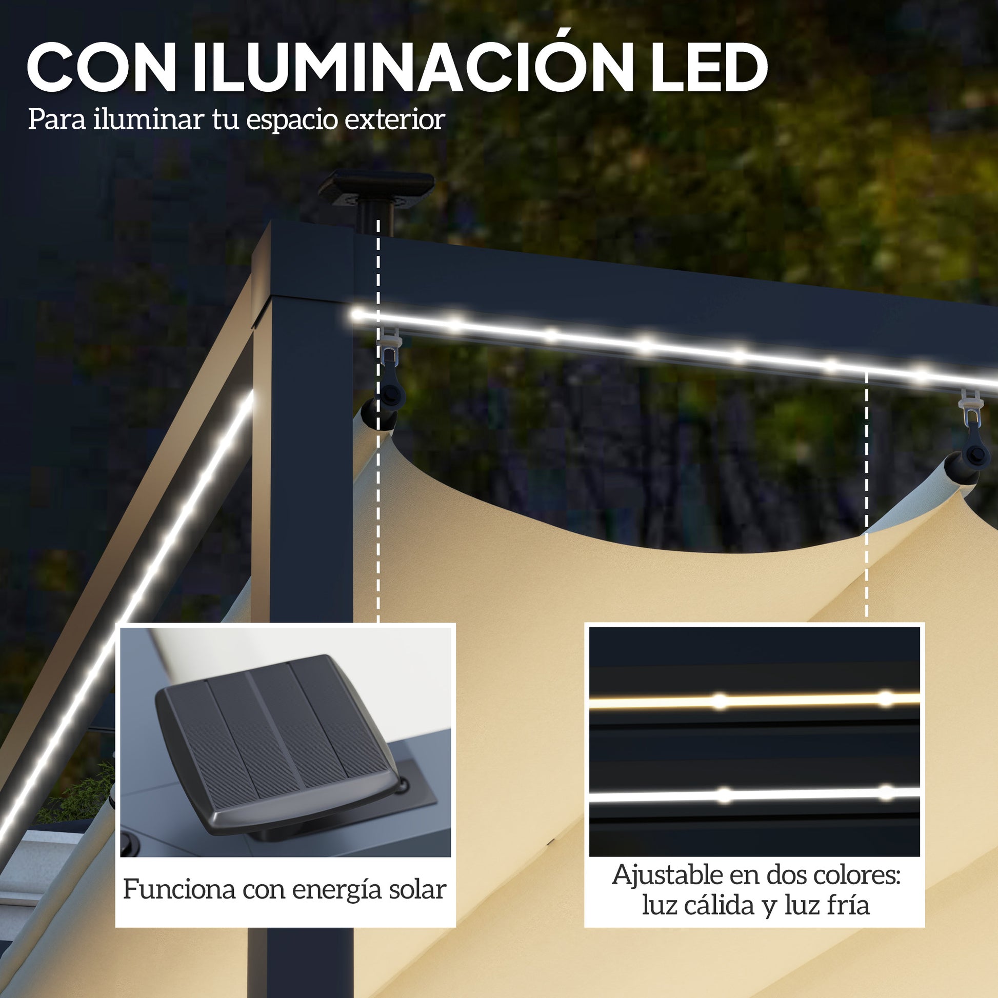 Aluminum Pergola with LED Lights 13x10 ft Garden Gazebo with Solar Retractable Waterproof Anti-UV Roof Pavilion for Patio Terrace Cream and Gray