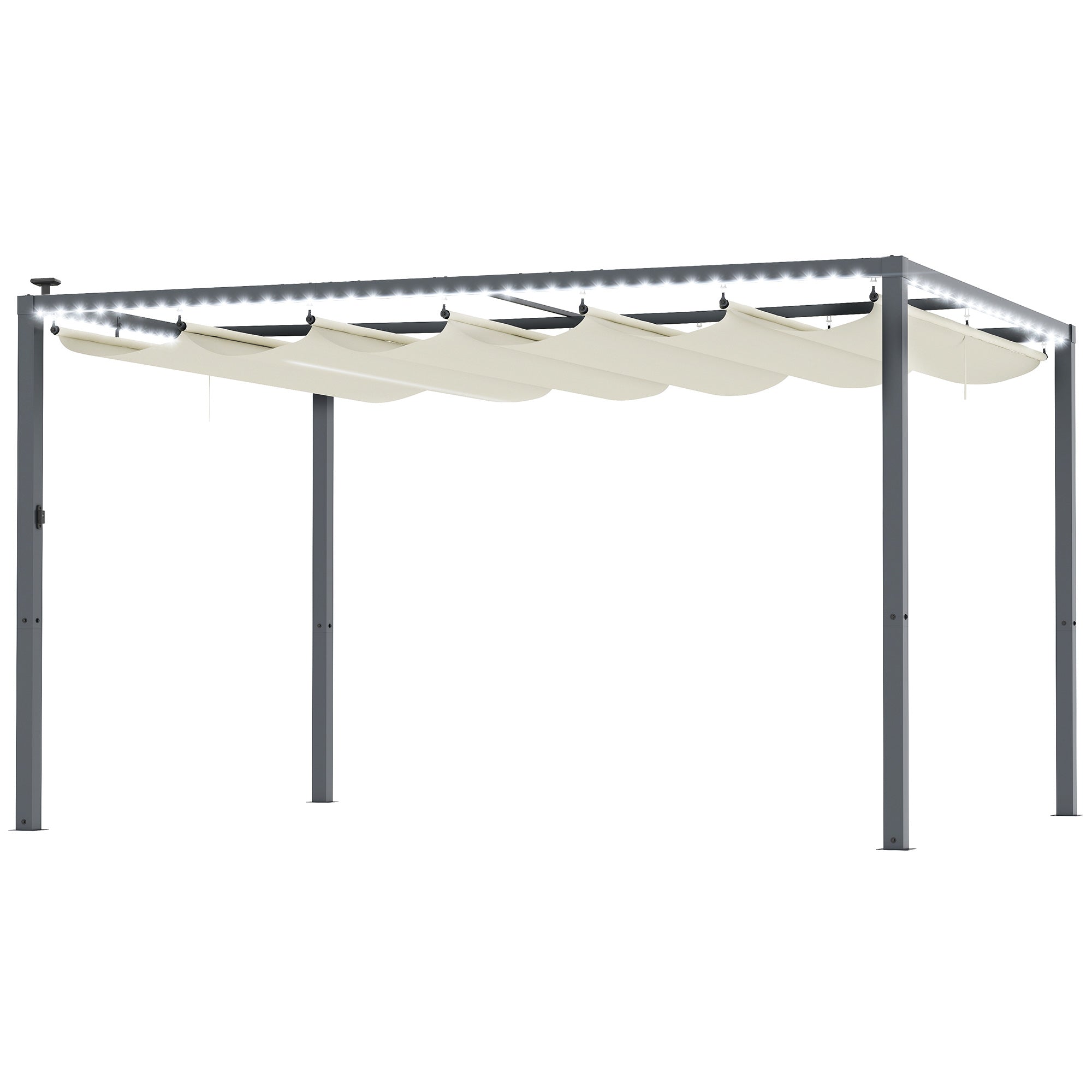 Aluminum Pergola with LED Lights 13x10 ft Garden Gazebo with Solar Retractable Waterproof Anti-UV Roof Pavilion for Patio Terrace Cream and Gray