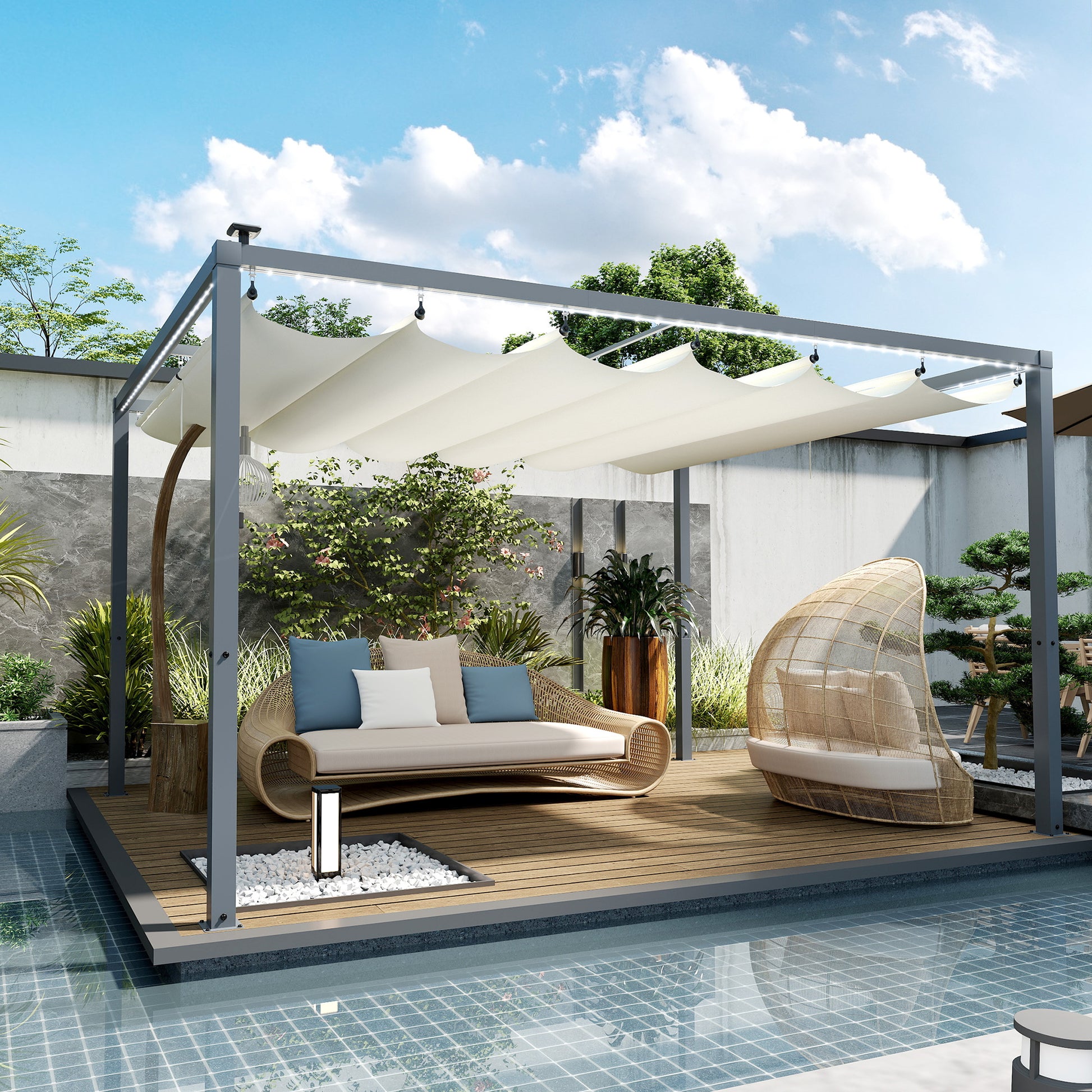 Aluminum Pergola with LED Lights 13x10 ft Garden Gazebo with Solar Retractable Waterproof Anti-UV Roof Pavilion for Patio Terrace Cream and Gray