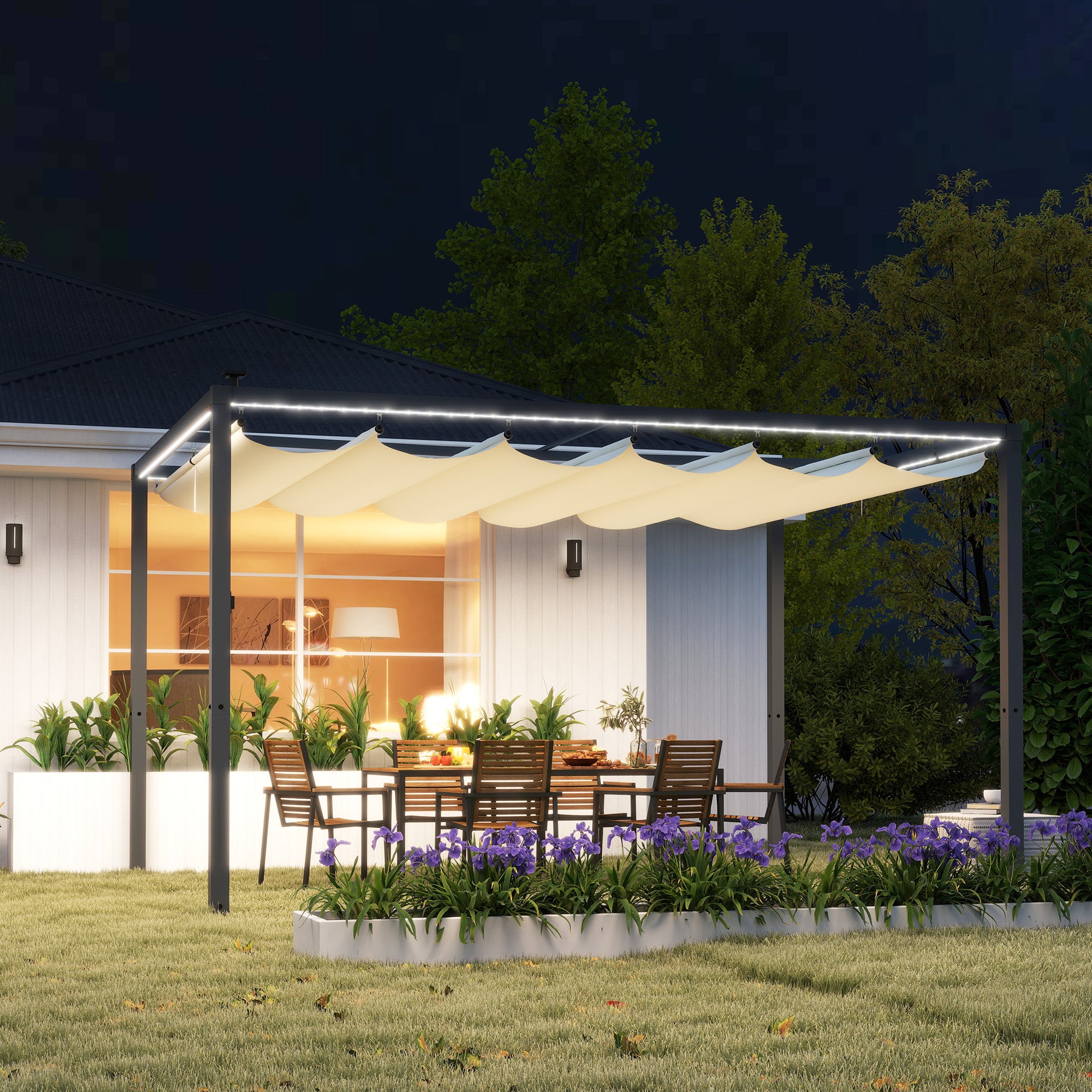 Aluminum Pergola with LED Lights 13x10 ft Garden Gazebo with Solar Retractable Waterproof Anti-UV Roof Pavilion for Patio Terrace Cream and Gray