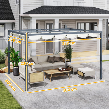 Aluminum Pergola with LED Lights 13x10 ft Garden Gazebo with Solar Retractable Waterproof Anti-UV Roof Pavilion for Patio Terrace Cream and Gray