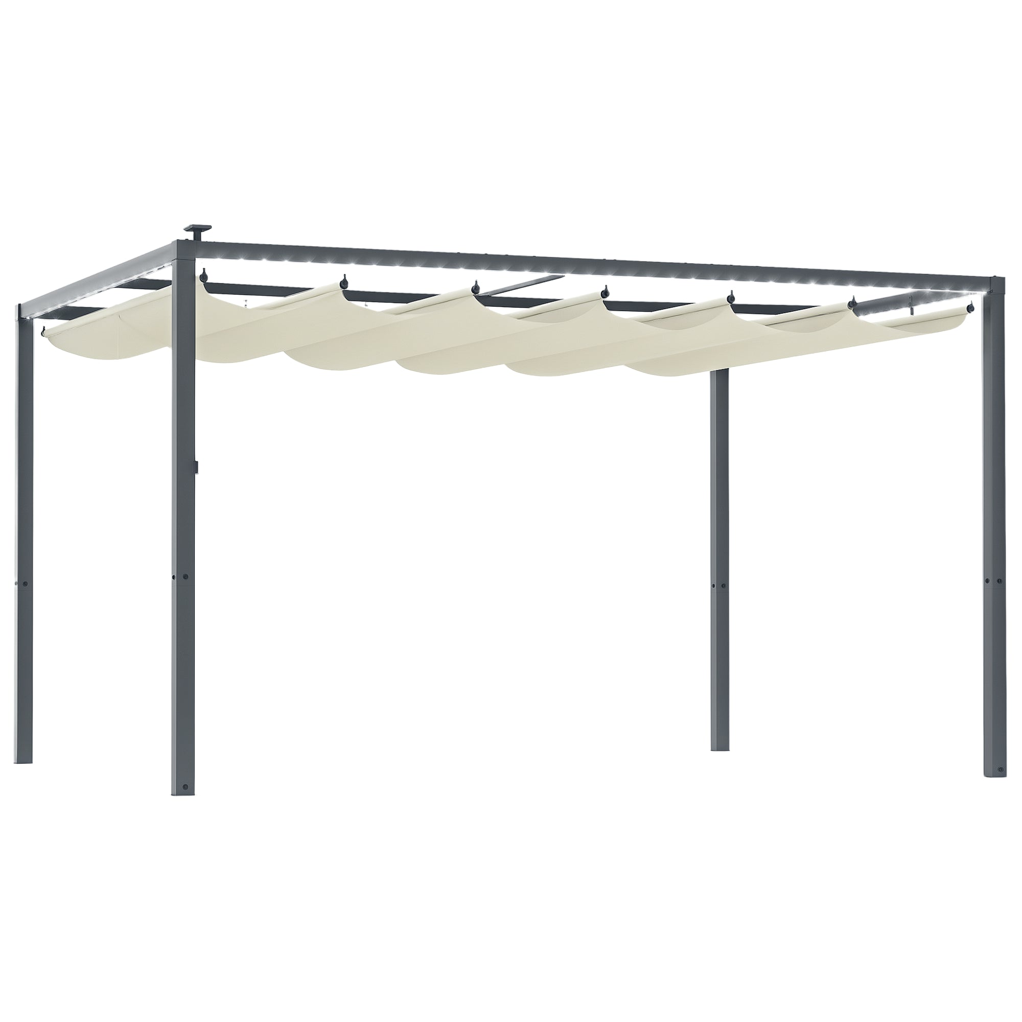 Aluminum Pergola with LED Lights 13x10 ft Garden Gazebo with Solar Retractable Waterproof Anti-UV Roof Pavilion for Patio Terrace Cream and Gray