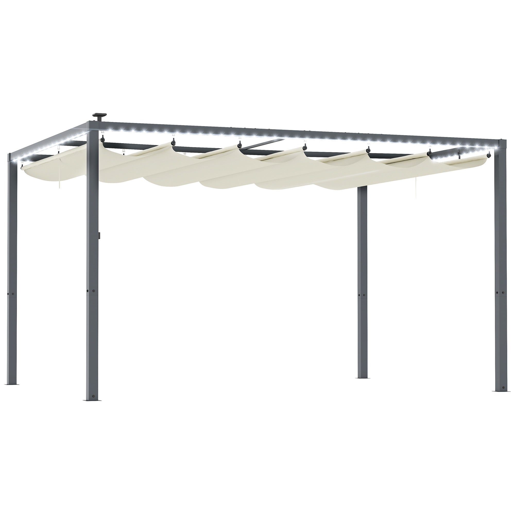 Aluminum Pergola with LED Lights 13x10 ft Garden Gazebo with Solar Retractable Waterproof Anti-UV Roof Pavilion for Patio Terrace Cream and Gray