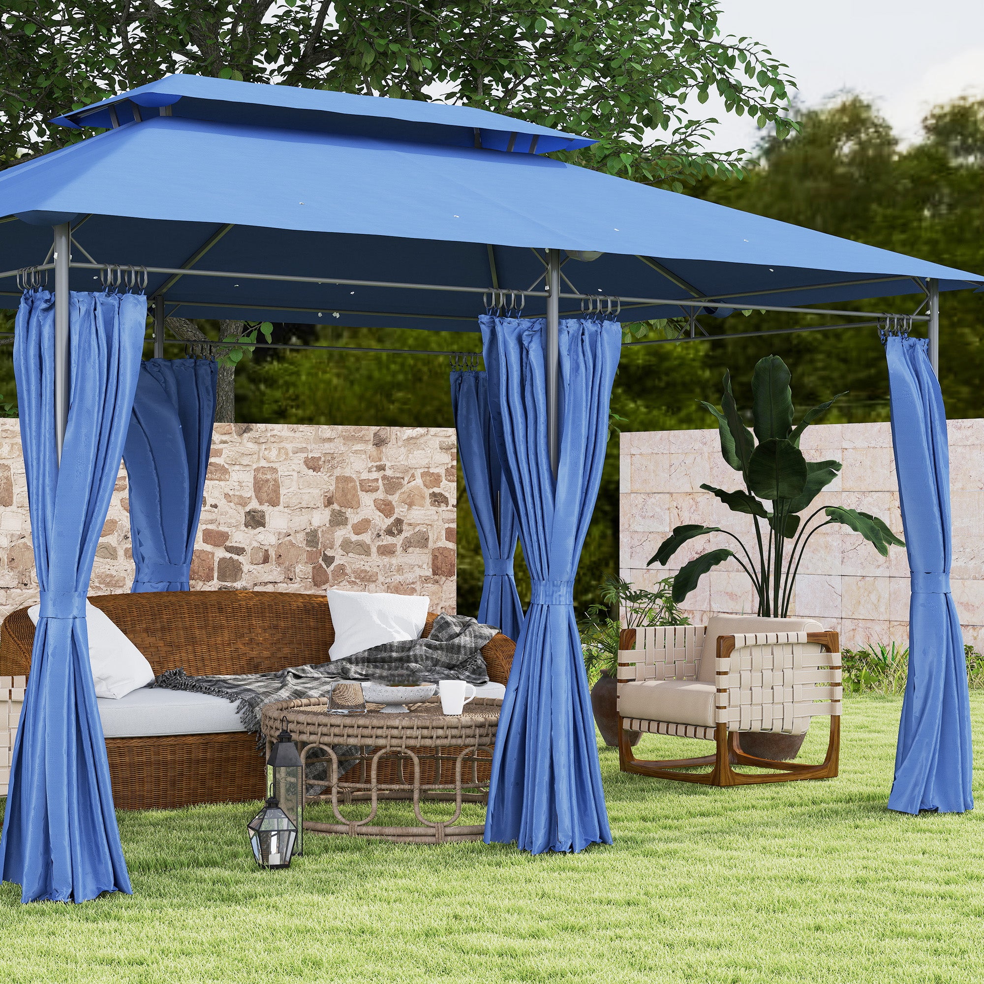 Garden Gazebo 3 x 4 m Reception Tent with 6 Removable Curtains Outdoor Pavilion with Double Roof for Patio, Terrace, Festival, Dark Blue