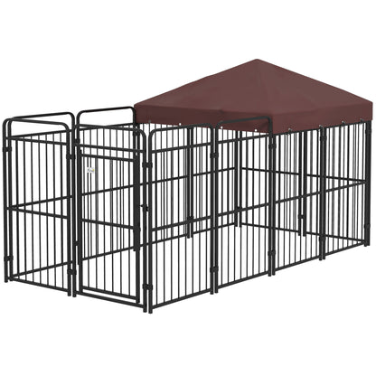 Outdoor Dog Kennel, Waterproof Anti-UV Roof Dog Enclosure for Large Dogs, Metal Cage, 282x141x160.5cm, Brown