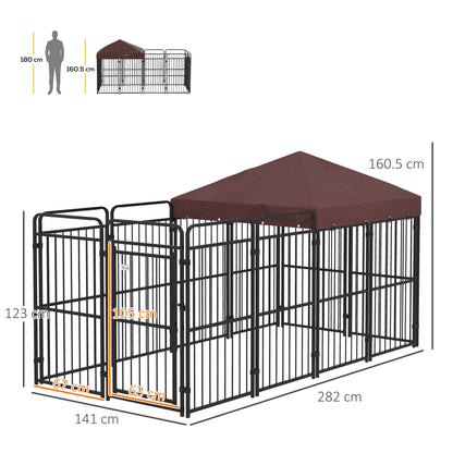 Outdoor Dog Kennel, Waterproof Anti-UV Roof Dog Enclosure for Large Dogs, Metal Cage, 282x141x160.5cm, Brown