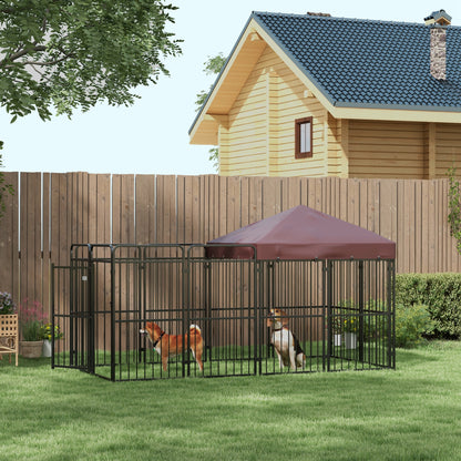 Outdoor Dog Kennel, Waterproof Anti-UV Roof Dog Enclosure for Large Dogs, Metal Cage, 282x141x160.5cm, Brown