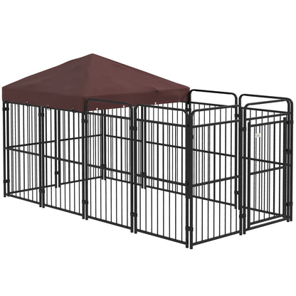 Outdoor Dog Kennel, Waterproof Anti-UV Roof Dog Enclosure for Large Dogs, Metal Cage, 282x141x160.5cm, Brown