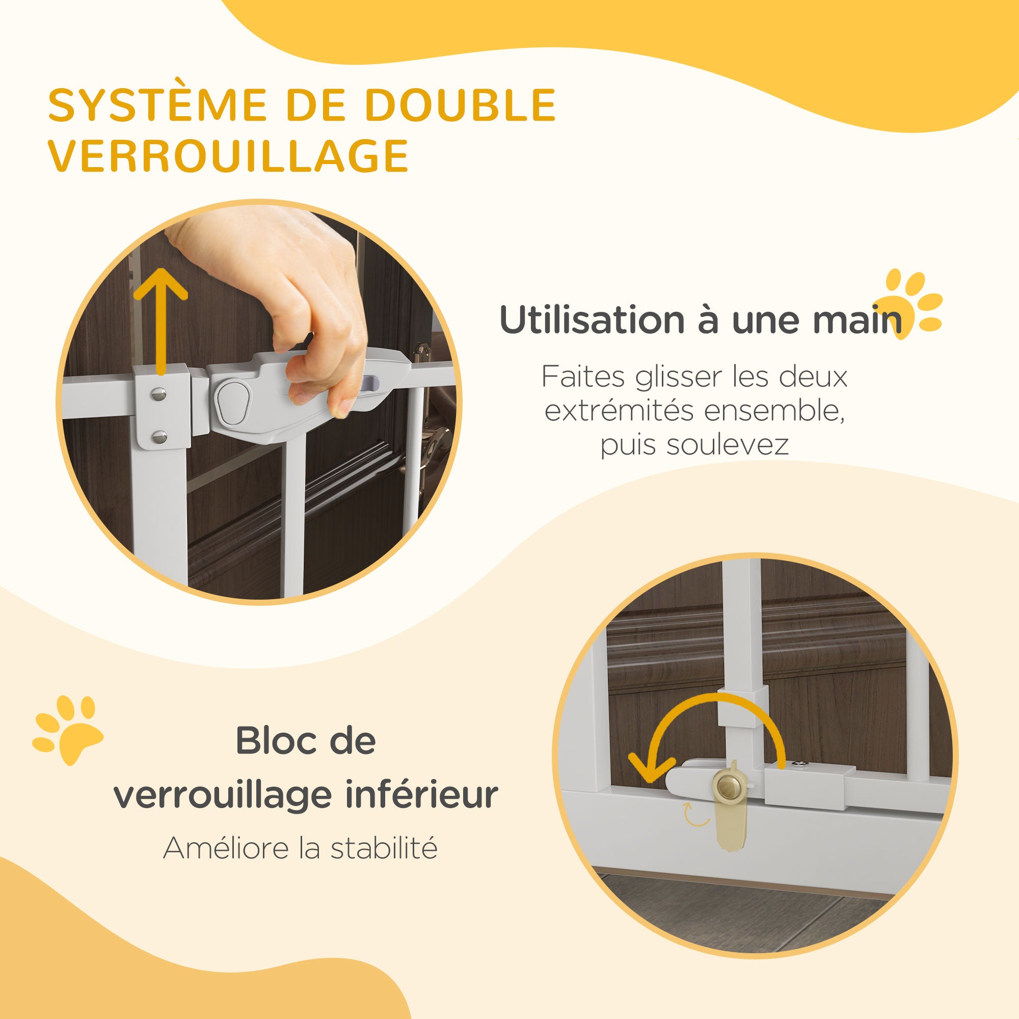 104H cm Pet Safety Gate with Automatic Closing Door Double Locking System without Drilling from 74 to 80 cm White Steel