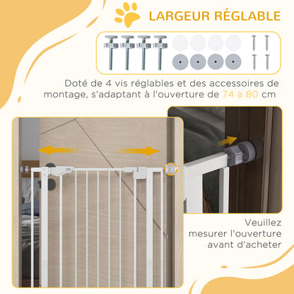 104H cm Pet Safety Gate with Automatic Closing Door Double Locking System without Drilling from 74 to 80 cm White Steel