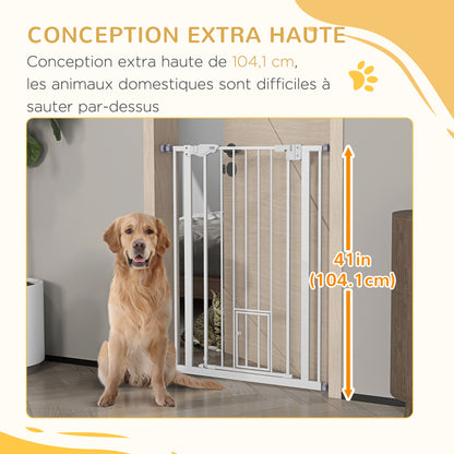 104H cm Pet Safety Gate with Automatic Closing Door Double Locking System without Drilling from 74 to 80 cm White Steel