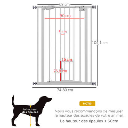 104H cm Pet Safety Gate with Automatic Closing Door Double Locking System without Drilling from 74 to 80 cm White Steel