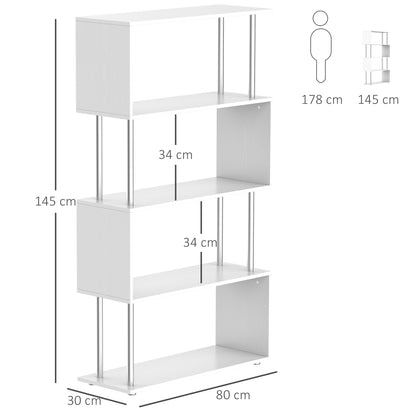 S-Shaped Bookshelf 4-Tier Bookcase Shelf Unit for Living Room Office Study 80x30x145 cm White