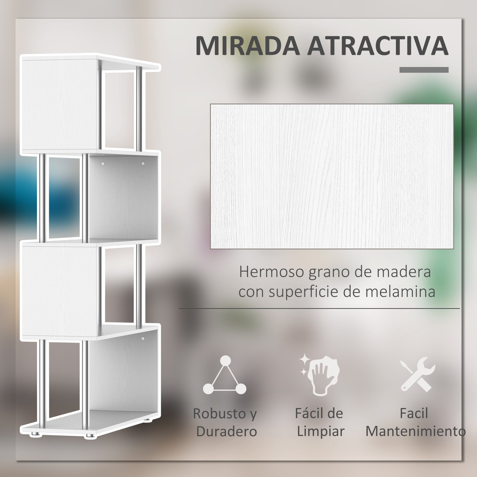 S-Shaped Bookshelf 4-Tier Bookcase Shelf Unit for Living Room Office Study 80x30x145 cm White