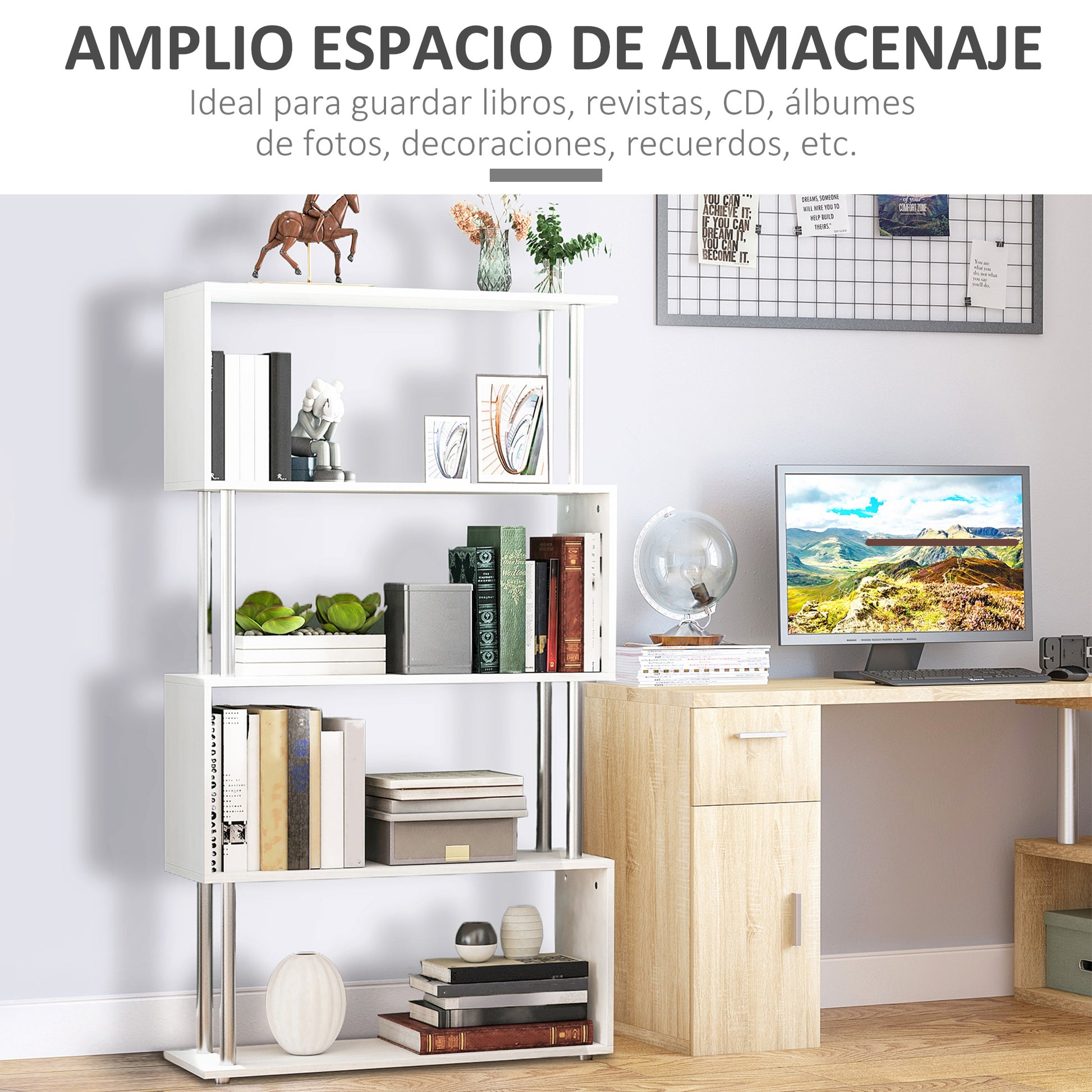 S-Shaped Bookshelf 4-Tier Bookcase Shelf Unit for Living Room Office Study 80x30x145 cm White