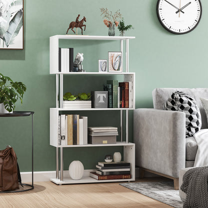 S-Shaped Bookshelf 4-Tier Bookcase Shelf Unit for Living Room Office Study 80x30x145 cm White