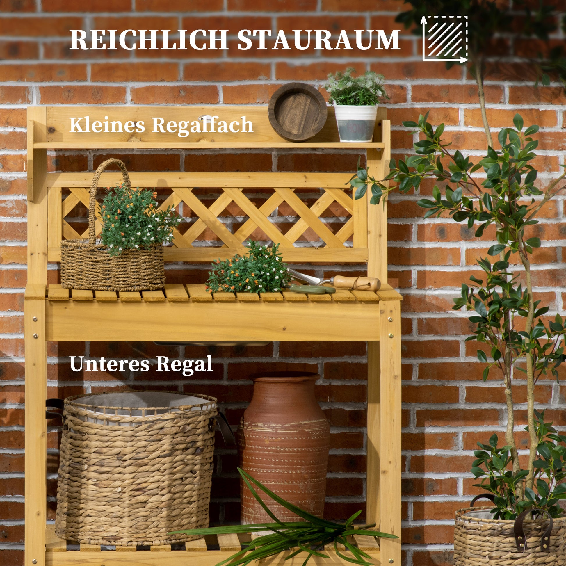 Planting Table, Gardening Table with Extendable Tabletop, Integrated Stainless Steel Sink, 2 Shelves, Solid Wood, Brown, 92 x 45 x 120 cm